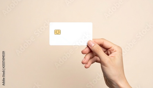 Hand Holding Blank Card with Chip on Light Cream Background with Modern Banking Card Mockup and Financial Payment Concept Presentation