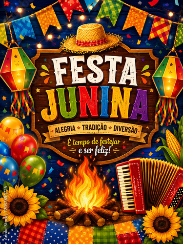 Festive Festa Junina celebration illustration with colorful decorative elements - ai generative
