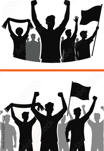 Vector silhouettes of cheering sports fans and crowd supporters holding flags and scarves for stadium championship celebration