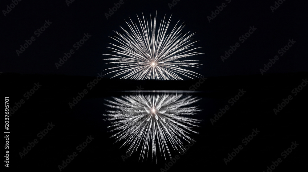 Fototapeta premium Minimalist Silver Starburst Firework with Perfect Reflection on Black Lake – 5K Elegant Night Celebration Stock Photo