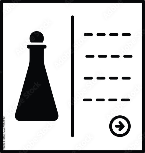 Black and white icon of a laboratory flask with a list of data