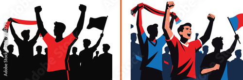 Vector illustration of sports fans cheering and celebrating victory with flags and scarves in stadium crowd