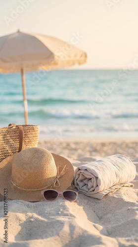 Summer beach essentials resting on the warm white sand