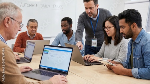 A diverse group of adults learning computer skills in a classroom setting, highlighting education and technology.