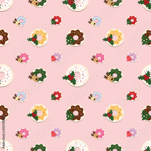 Cute Christmas Donut Seamless Pattern on Pastel Pink Background