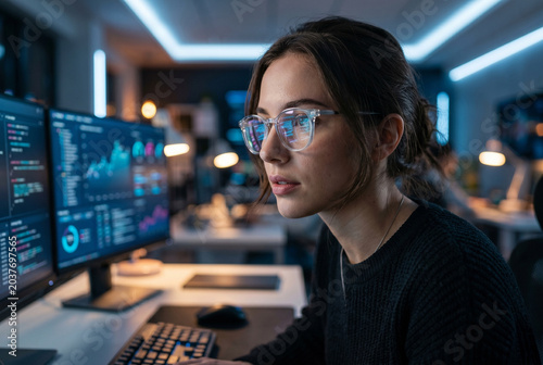 Focused female software developer analyzing data code on computer monitors in dark office