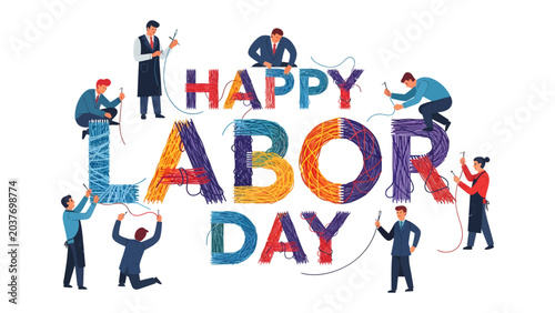 Bild auf Leinwand Happy Labor Day Celebration: People from diverse backgrounds are engaged in the creative process, weaving and shaping vibrant letters that spell out Happy Labor Day