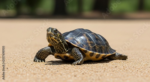 Painted Turtle Walking on Sandy Ground in Natural Habitat.