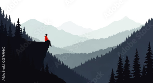 Obraz na płótnie A solitary figure sits on a cliff edge overlooking a vast mountain landscape in