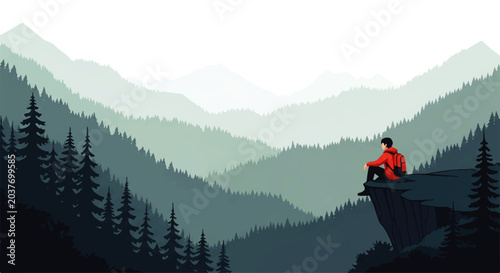 Photography Vector flat design illustration of a lone person sitting on a cliff edge overloo