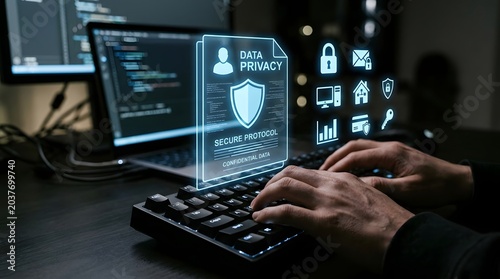 Cybersecurity professional working with data privacy interface and secure network