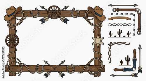 Cowboy theme graphic elements with a rustic wooden frame, lasso, hat, and cactus for western design.