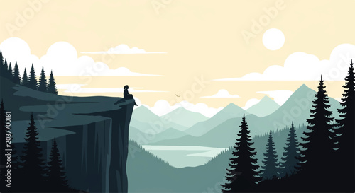 Fotografie Vector flat design illustration of a lone figure contemplating a serene mountain