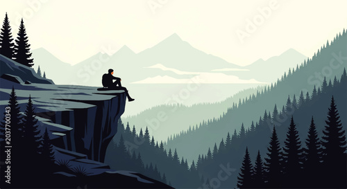 Quadro su tela A lone person sits on a cliff edge, contemplating a vast mountain landscape in t