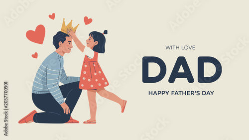 Canvas-taulu Happy Fathers Day vector illustration daughter placing a crown on her dad with h