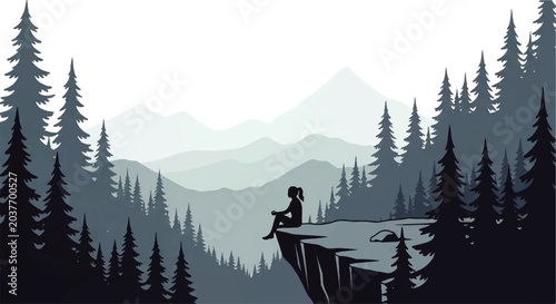 Slika na platnu Vector flat design illustration of a lone woman sitting on a cliff edge overlook