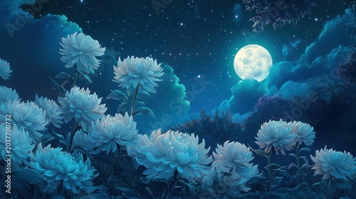 Night garden with full moon and peonies