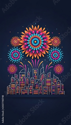 Vibrant City Skyline with Colorful Floral Fireworks - Modern Celebration Cityscape with Geometric Mandala Pattern