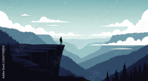 Foto Vector flat design illustration of a lone figure standing on a cliff edge overlo