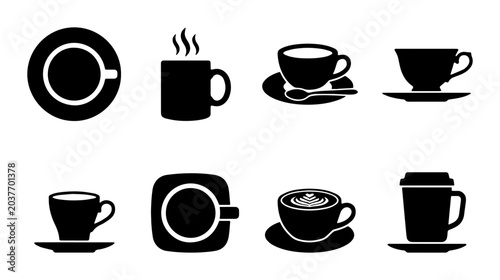 Photos Set of 8 coffee cup and saucer icons vector, featuring various styles and hot be