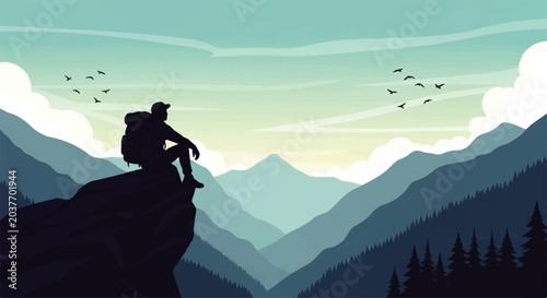 Tableau sur toile Vector flat design illustration of a lone hiker sitting on a mountain peak, enjo