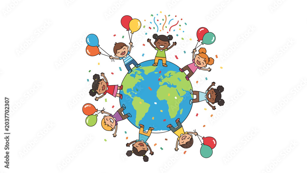 Naklejka premium Children of the World: A vibrant illustration depicts diverse children from around the globe, holding balloons and celebrating joyfully on the Earth, surrounded by confetti.