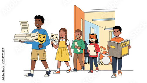 Tableau sur toile School Drama Club: A diverse group of young students, representing different interests and talents, carry props and instruments as they leave their drama club room