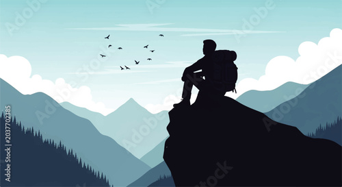 Tableau sur toile Vector flat design illustration of a lone hiker silhouette sitting on a mountain