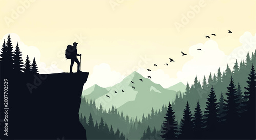 Bild auf Leinwand Vector flat design illustration of a lone hiker standing on a cliff edge overloo