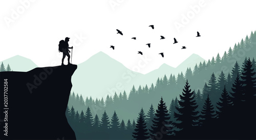 Foto Vector flat design illustration of a lone hiker standing on a cliff edge overloo