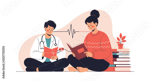 Doctor Reading Book with Patient and Heartbeat Line