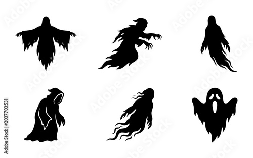 Фотография Spooky Ghost Silhouettes, Ethereal Apparitions, Haunting Spirits, Halloween Vect
