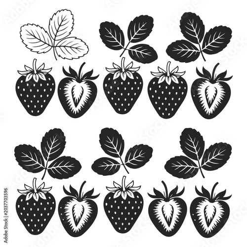 Strawberry fruit vector illustrations set featuring whole and cut berries with detailed leaves isolated on white background
