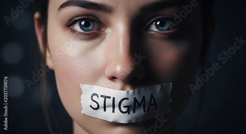 Closeup portrait of a woman with tape over her mouth labeled stigma