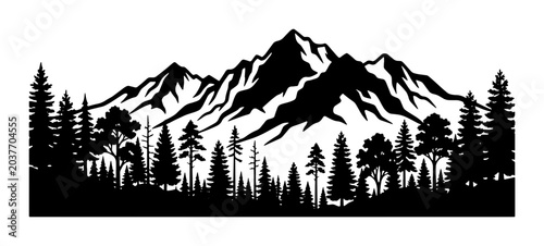 Mountain Landscape Silhouette, Pine Forest Border, Rugged Peaks, Nature Scene Vector Art