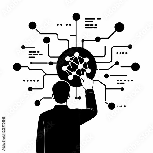 A person from behind interacting with a complex digital network structure, touching a node in a minimalist black and white flat design vector illustration
