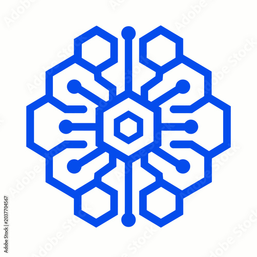 Abstract blue hexagonal network brain icon vector illustration representing technology, AI, data, and innovation on a clean white background