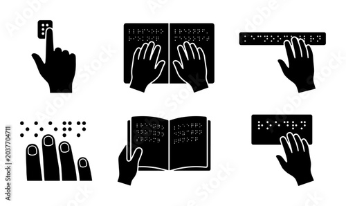 Fotografie Braille Reading Icons, Tactile Text Symbols, Accessibility Graphics, Blindness A