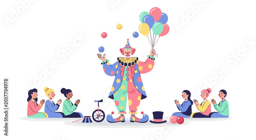 Clown Juggling Balls and Balloons at Circus Performance.