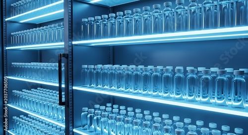 Rows of medical vials in a refrigerated storage unit
