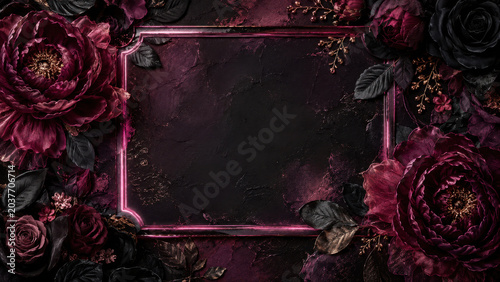 Dark Gothic Floral Frame, Luxury Black Burgundy Background, Elegant Romantic Border Design