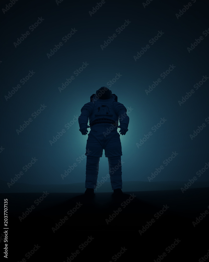 Obraz premium Dramatic Standing Astronaut Spacesuit Dark Background Sci Fi Mysterious Glowing Light Blue Tones Isolated Figure 3d illustration