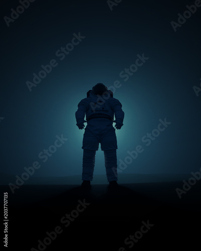 Dramatic Standing Astronaut Spacesuit Dark Background Sci Fi Mysterious Glowing Light Blue Tones Isolated Figure 3d illustration