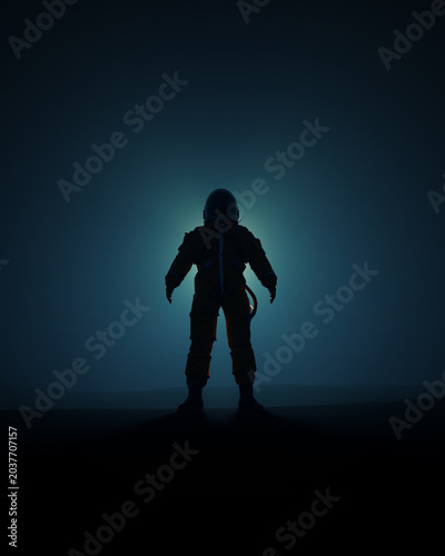 Dramatic Standing Astronaut Spacesuit Dark Background Sci Fi Mysterious Glowing Light Blue Tones Isolated Figure 3d illustration