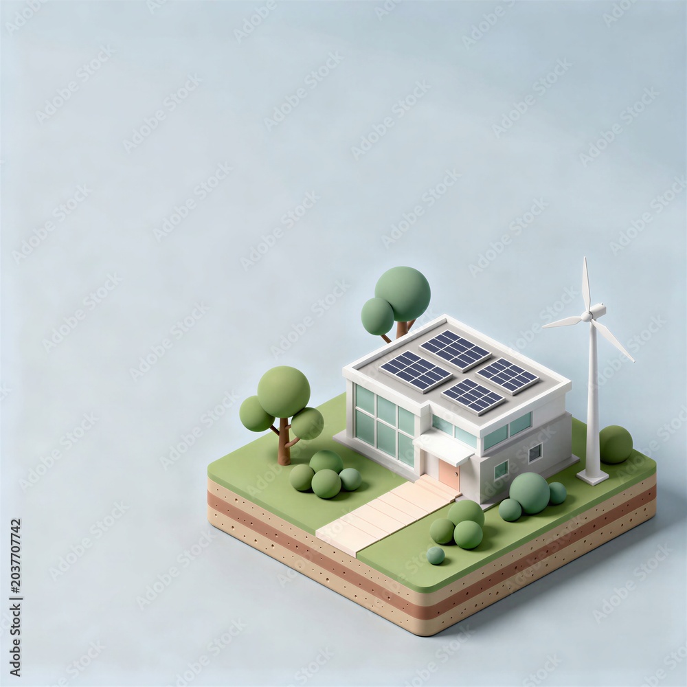 Obraz premium Sustainable home with solar panels and wind turbine 3D.