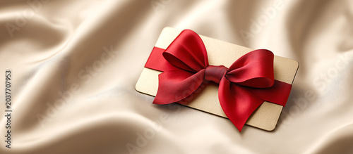 Luxury gold gift card with red ribbon and bow on golden background, concept of premium shopping and exclusive gift