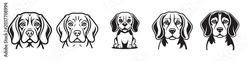 Beagle dog breed heads and cute puppy cartoon character vector line art stencil illustrations set on white background