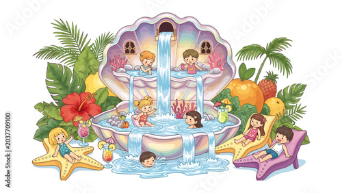 Fotografie Tropical Shell Oasis: Children revel in a whimsical water playground shaped like a giant seashell, surrounded by lush tropical flora and exotic fruits