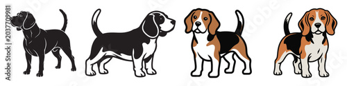 Beagle dog breed full body vector illustrations set featuring standing puppy silhouettes and colored cartoon character icons
