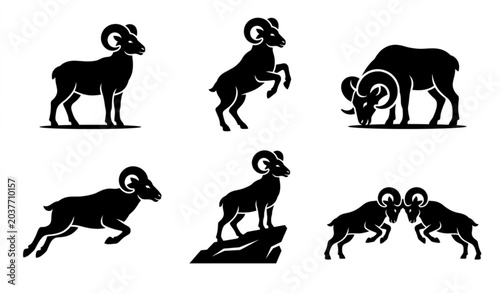 Obraz na płótnie Black Ram Silhouette Icon Set with Dynamic Mountain Sheep Poses in Minimal Vecto